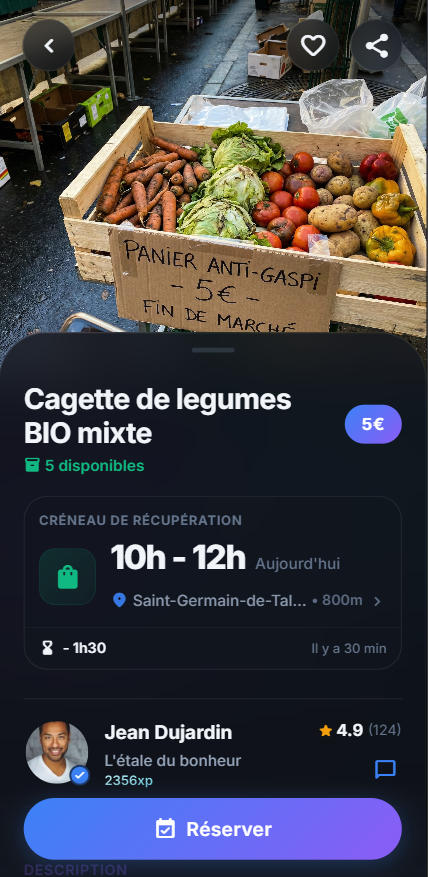 Capture d'écran de l'application Jusqu'ici montrant une offre de légumes bio à prix réduit